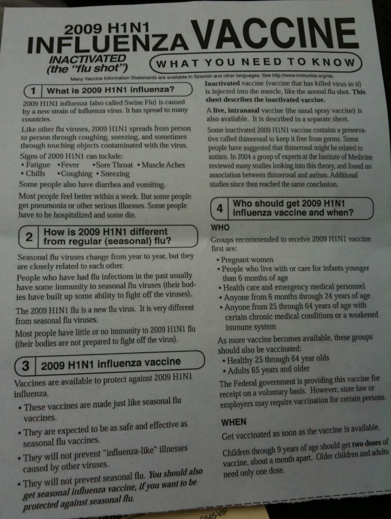 H1N1 Influenza Information Sheet Front