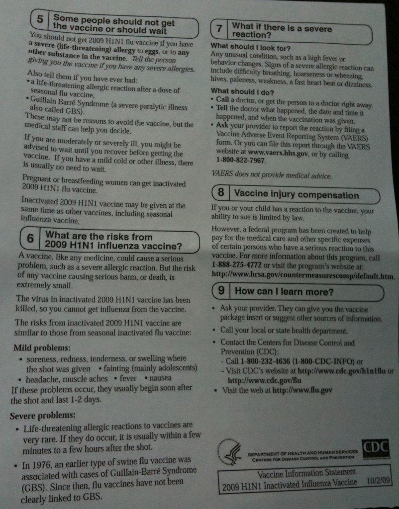 H1N1 Influenza Information Sheet Back